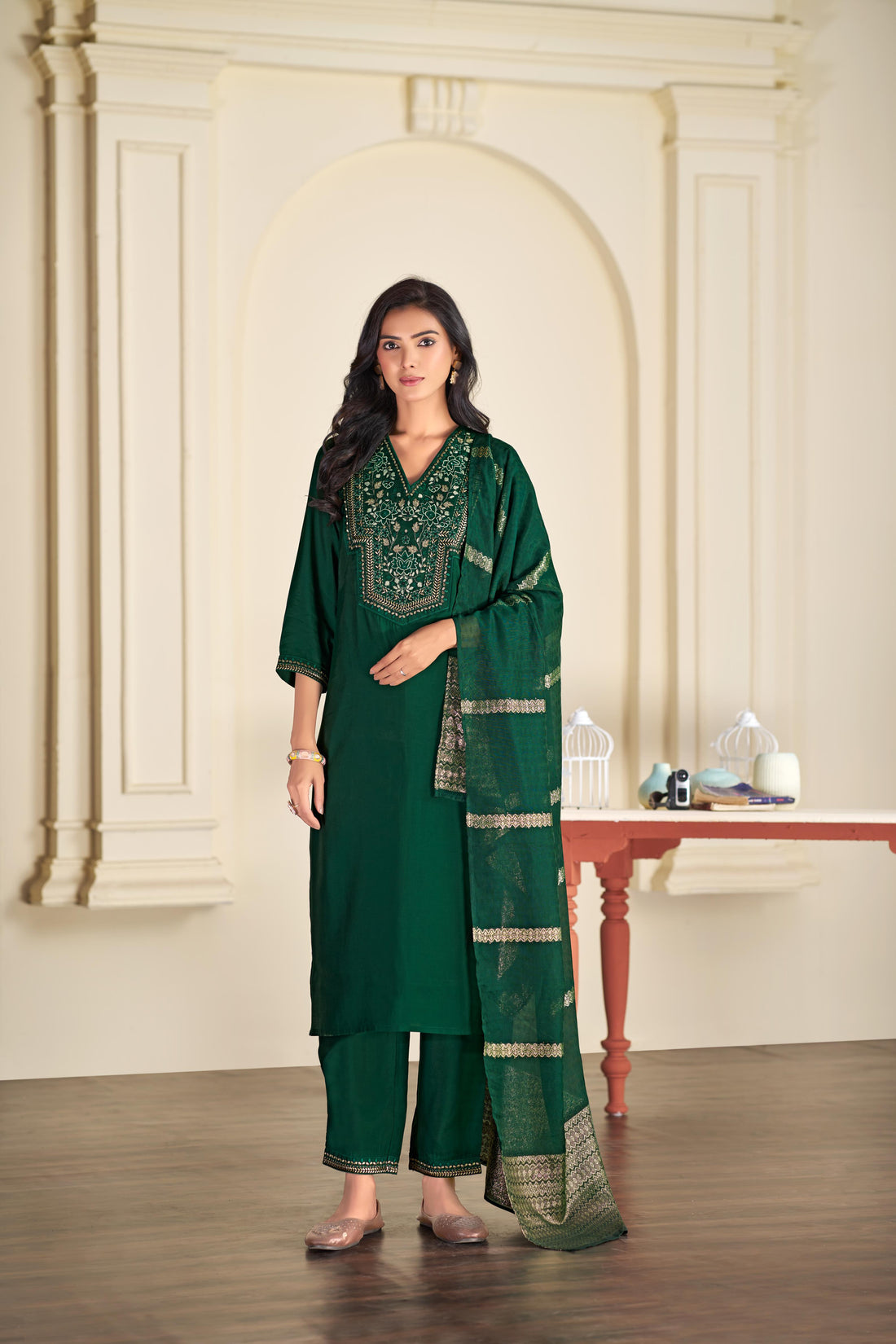 Ruhani Green & Gold Floral Zari Mirror Work Embroidered Yoke Kurta Set with Dupatta in Chanderi Silk with Cotton Mul Lining