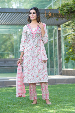 Pure Cotton Fashionista Red Floral Printed Kurta Set with Mirror & Thread Embroidered Neckline