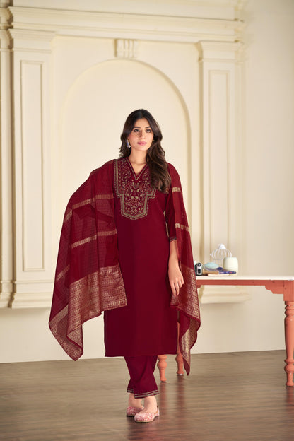 Ruhani Maroon & Gold Floral Zari Mirror Work Embroidered Yoke Kurta Set with Dupatta in Chanderi Silk with Cotton Mul Lining