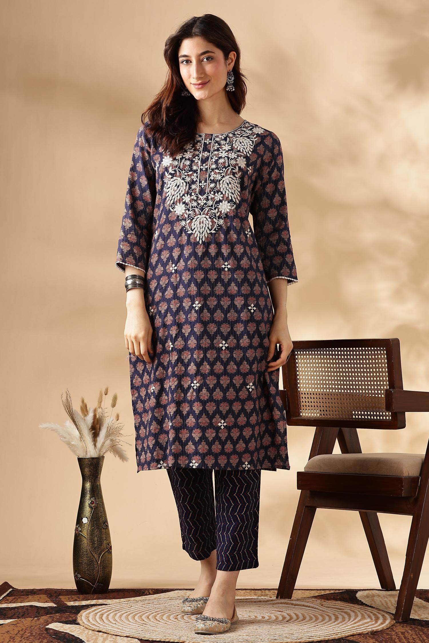 Navy Cotton Abstract Kurta Set with Dupatta - BulBul