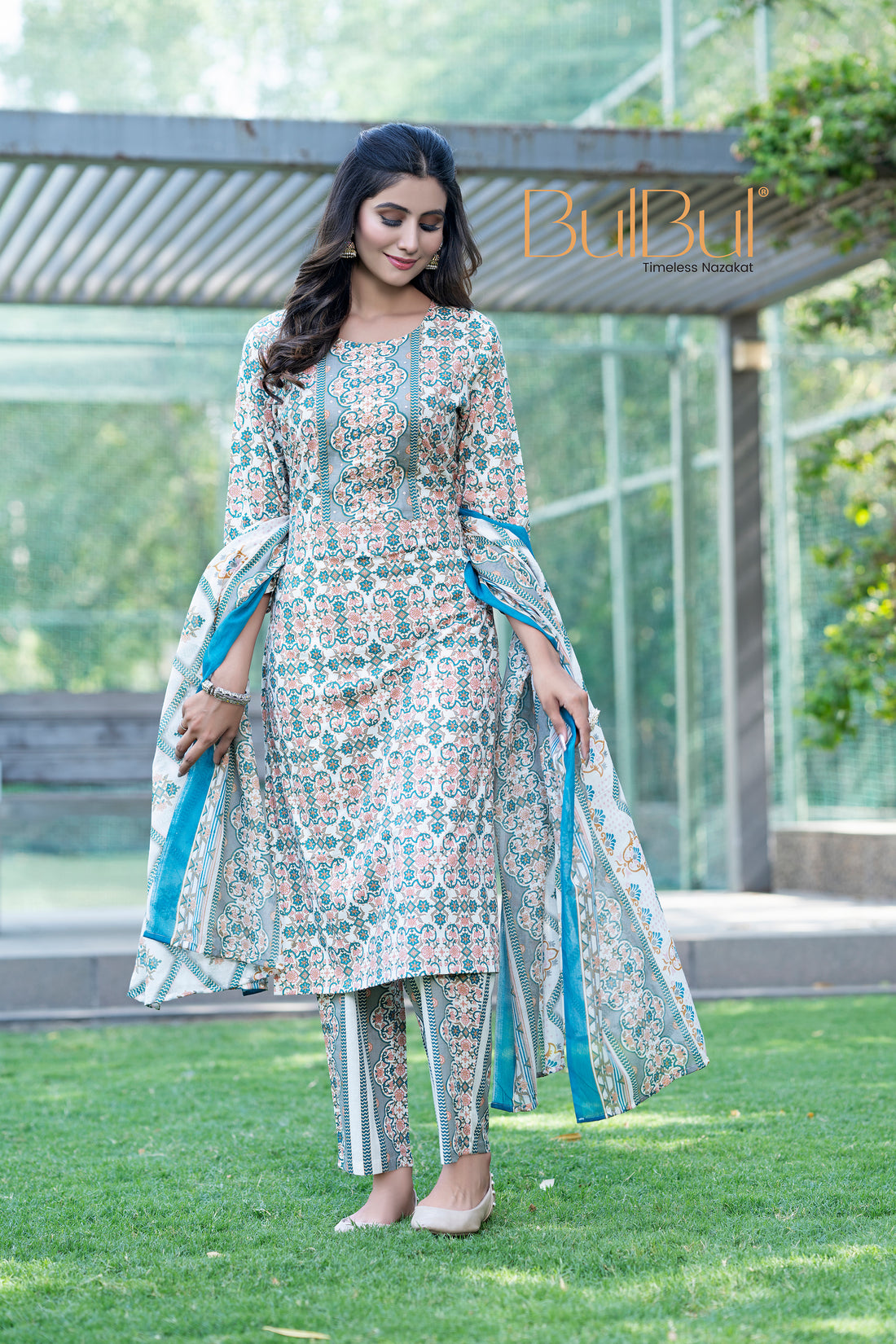 Pure Cotton Green-Blue Printed Kurta Set with Subtle Sequin Detail & Dupatta