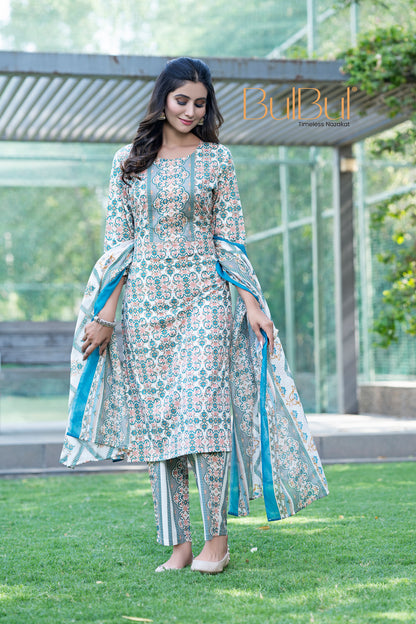 Pure Cotton Green-Blue Printed Kurta Set with Subtle Sequin Detail & Dupatta