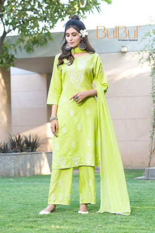 Akshyani Green Embroidered Viscose Kurta Set with Intricate White Chikankari Style Detailing and Dupatta