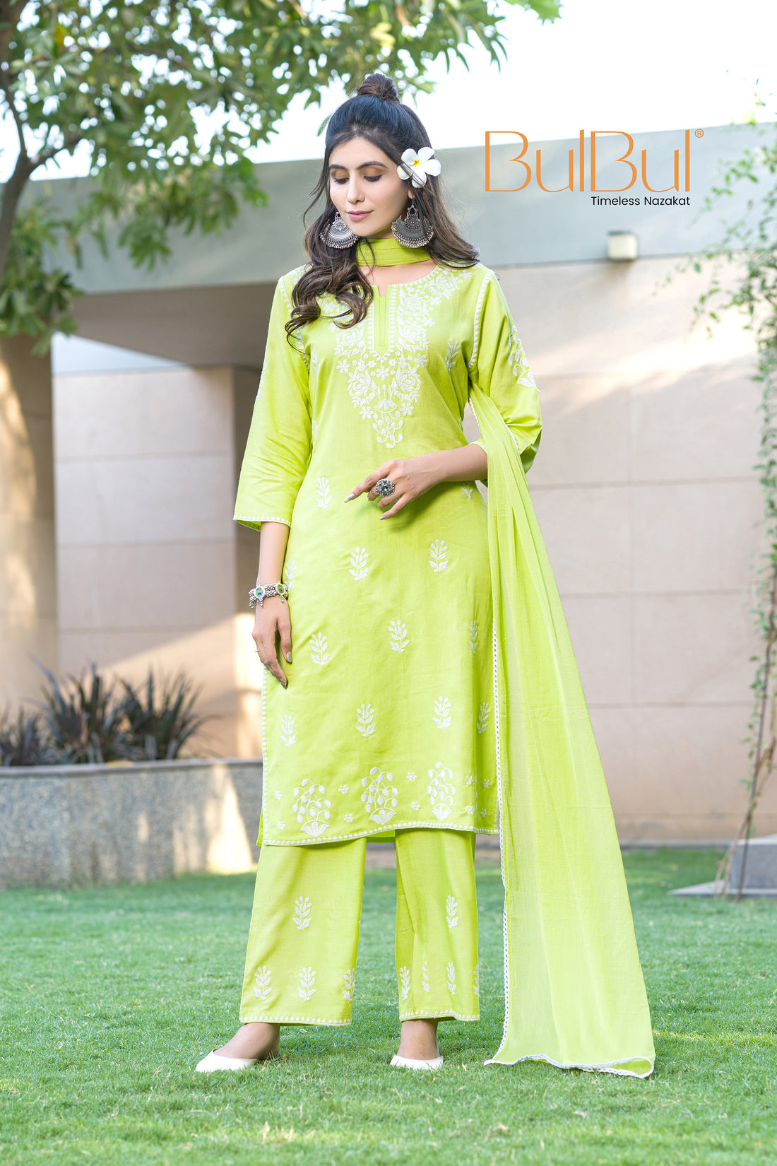 Akshyani Green Embroidered Viscose Kurta Set with Intricate White Chikankari Style Detailing and Dupatta