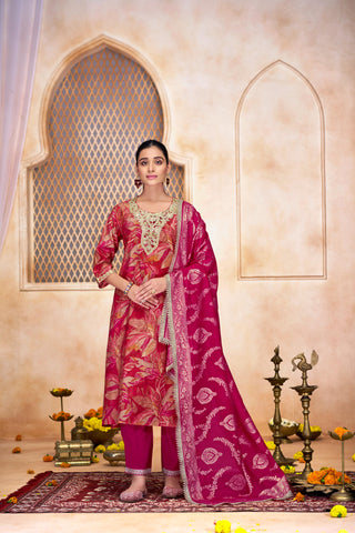 Rashmi Fuchsia Hand Zari and Sequins Embellished Work Suit Set in Chanderi Silk with Pure Cotton Mul Lining