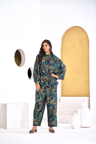 Mehzabin Teal Modal Chanderi Co-Ord Set with Zari Embroidered Sequin Cuffs and Statement Bell Sleeves
