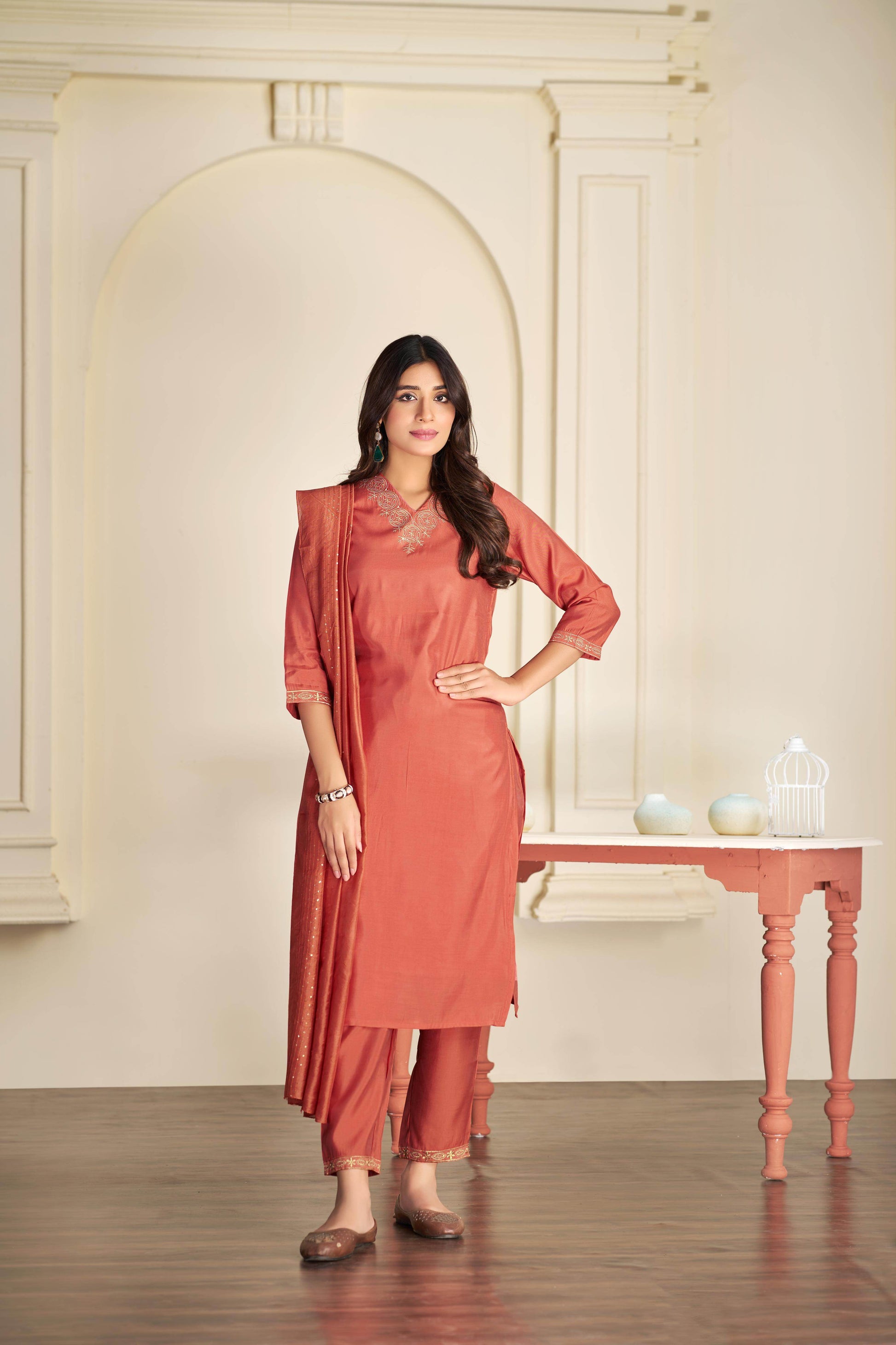Mira Rust Silk Kurta Set with Dupatta - BulBul