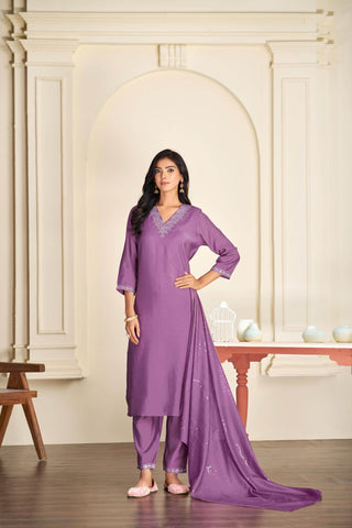 Mira Purple Silk Kurta Set with Dupatta - BulBul