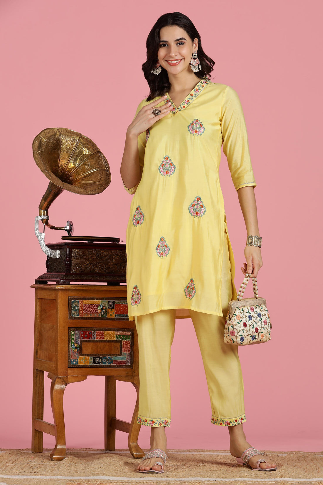 Yellow Chanderi Silk Kurta Set with Resham Floral Embroidery, Zari Highlights and Gota Patti Lace Detailing