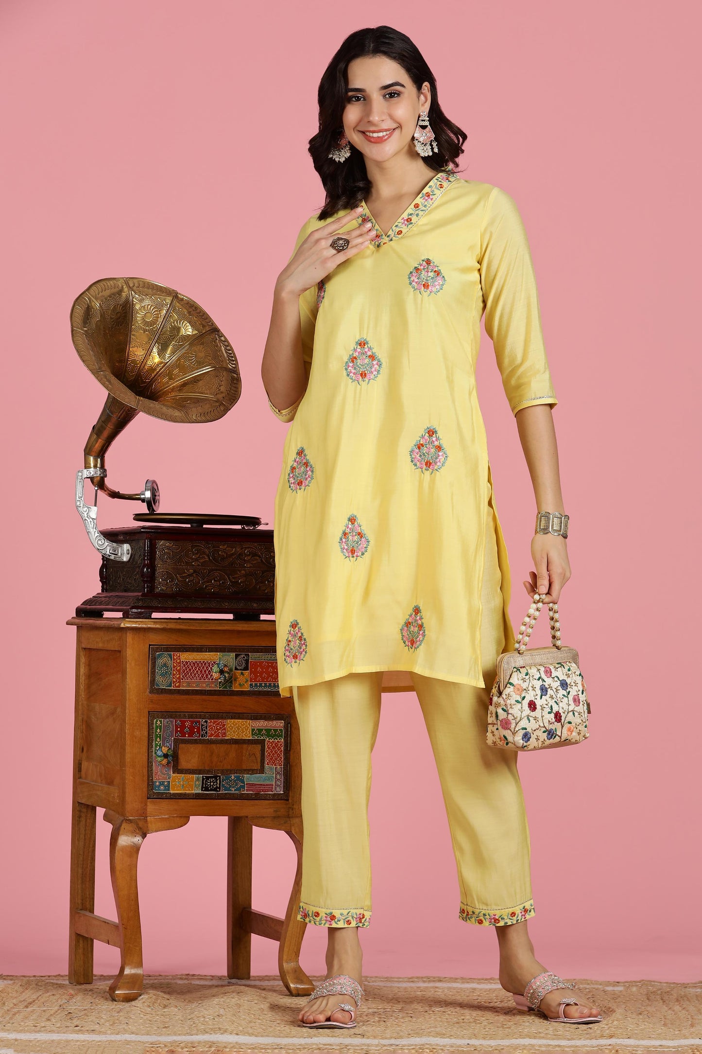 Women Yellow Embroidered Chanderi Kurta Set