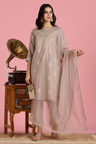 Mocha Mousse Chanderi Silk Kurta Set with Zari Resham Embroidered Yoke and Gold Foil Floral Print with Dupatta