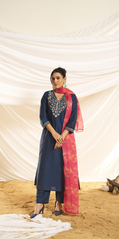 BulBul Women Kayra Navy Embroidered premium Silk  Straight Suit Set With Dupatta