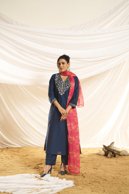 Kayra Navy Multicolor Hand Embroidered Straight Fit Suit Set in Chinnon Silk with Pure Cotton Mul Lining