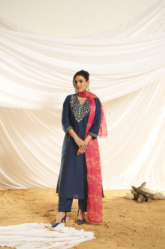 BulBul Women Kayra Navy Embroidered premium Silk  Straight Suit Set With Dupatta