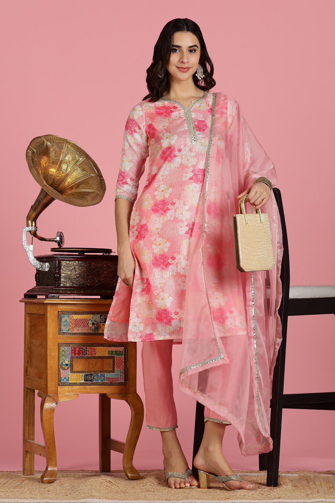 Women Peach Kota Doriya Kurta Set with Dupatta