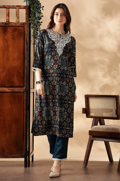 Anjali Rayon Teal Kurta Set with Dupatta - BulBul