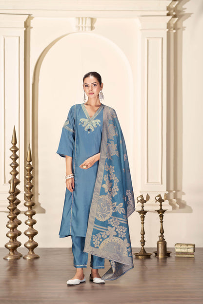 Shruti Iceblue Silk Kurta Set with Dupatta - BulBul