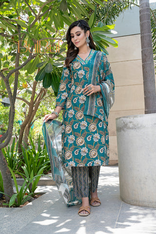 Pure Cotton Fashionista Green Floral Printed Kurta Set with Thread & Sequin Embellished V-Neckline and Dupatta