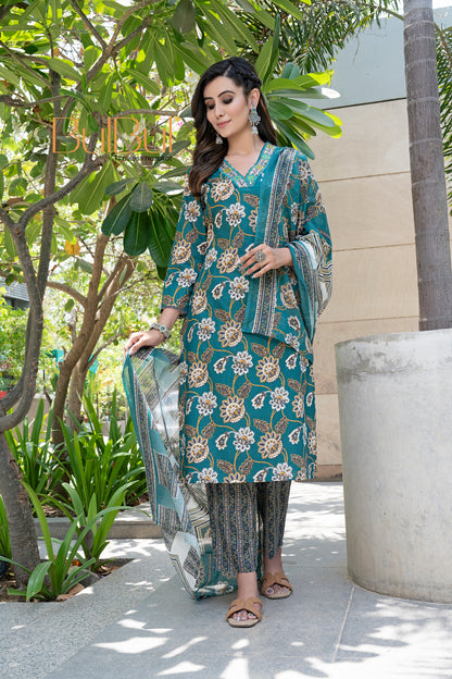 Pure Cotton Fashionista Green Floral Printed Kurta Set with Thread & Sequin Embellished V-Neckline and Dupatta