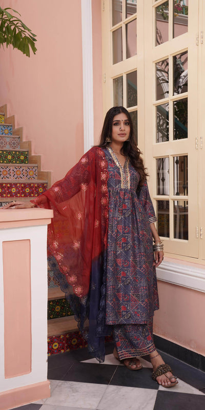 Inaya Chanderi Blue Kurta Set with Dupatta