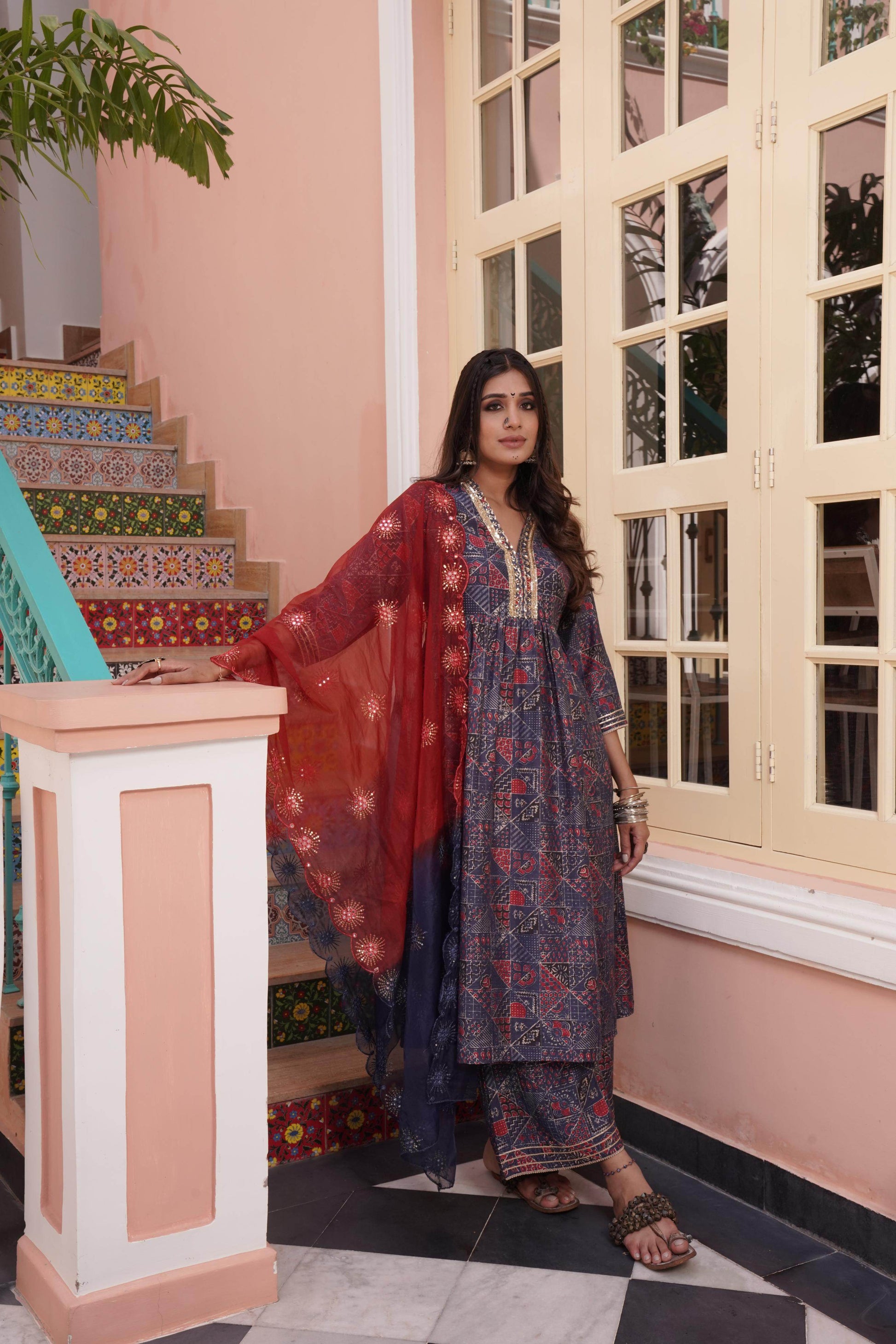 Inaya Chanderi Blue Kurta Set with Dupatta - BulBul