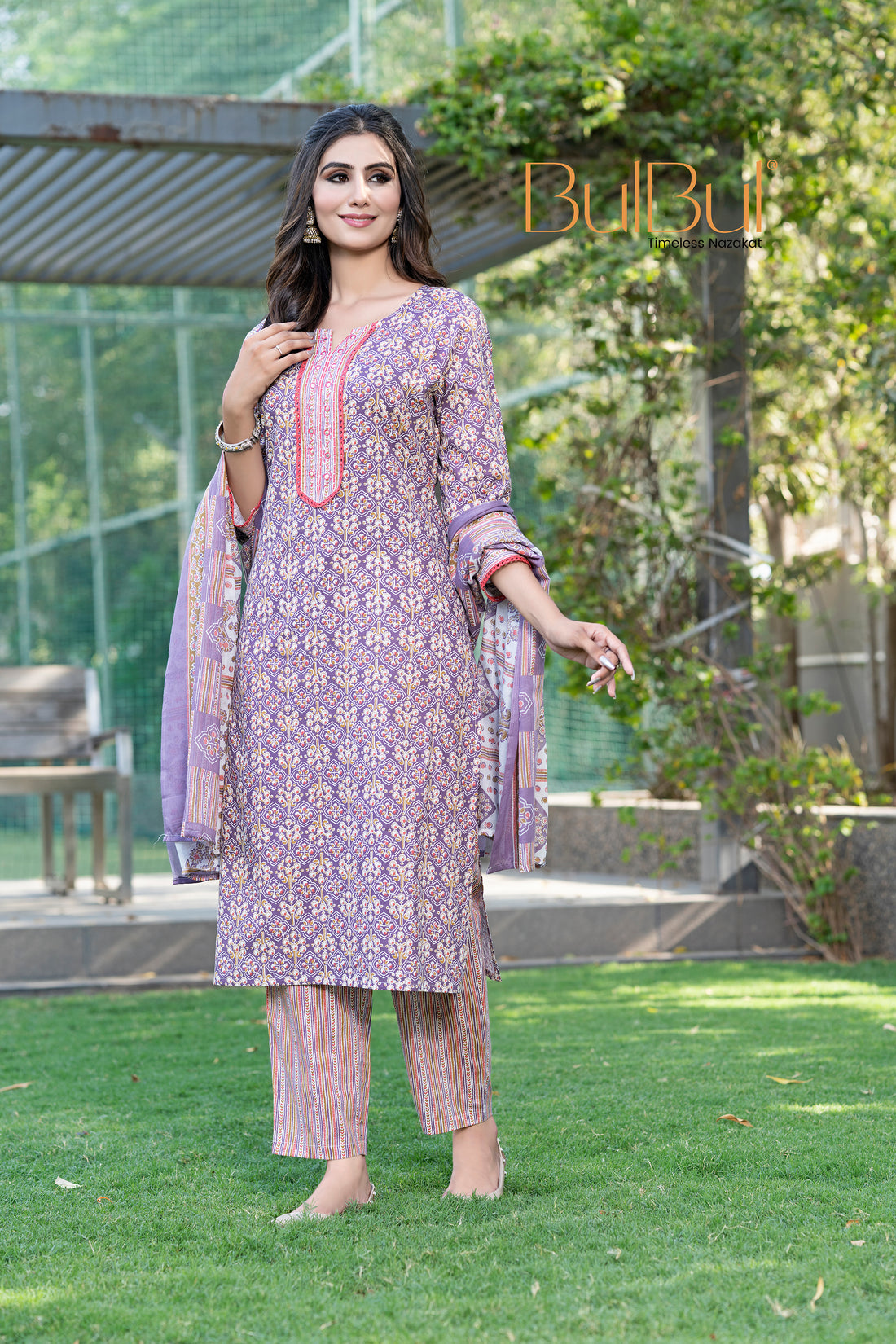 Pure Cotton Fashionista Purple Printed Kurta Set with Thread Embroidery, Mirror & Sequin Detailed Neck Panel and Dupatta