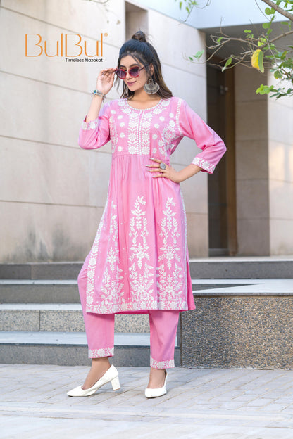 Arushi Blush Pink Embroidered Viscose Kurta Set with Lucknowi Inspired Floral Jaal Work