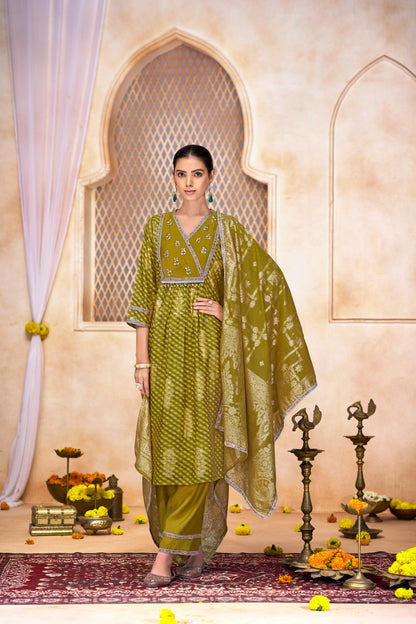 Rashmi Mehndi Green Hand Embellished Multicolor Bead and Sequins Work Suit Set in Chanderi Silk with Pure Cotton Mul Lining