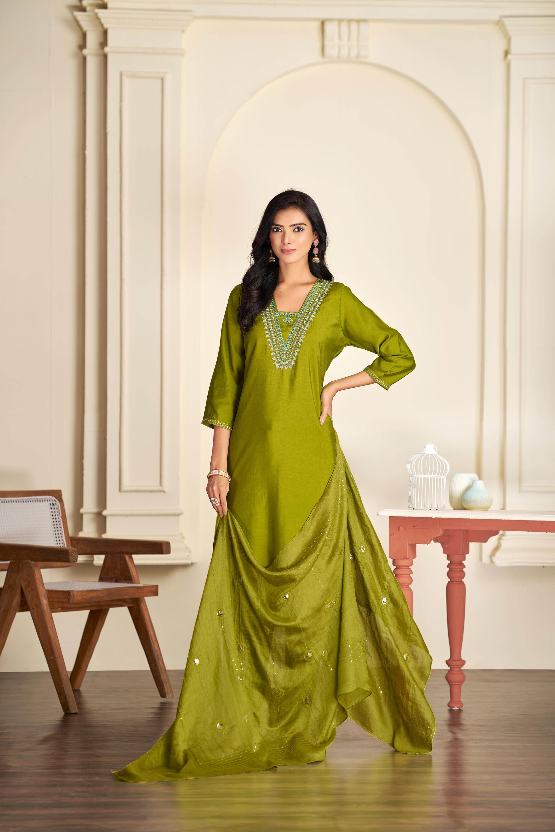 Tapasya Silk Green Kurta Set with Dupatta - BulBul