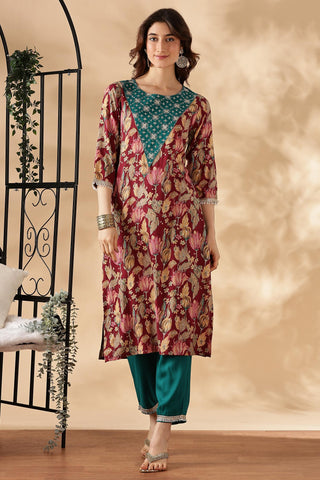 Areba Olive & Maroon Printed Salwar Suit with Intricate Zari Lattice Hand Embroidery Neck Panel in Viscose