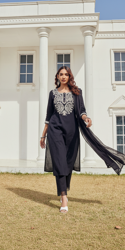 Samantha Cotton Black Kurta Set with Dupatta