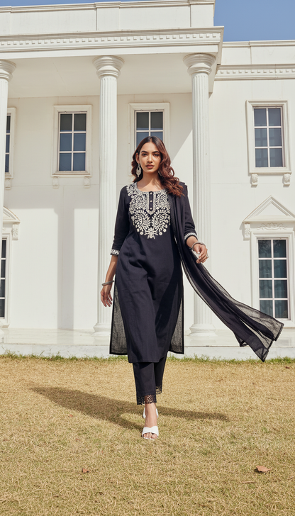 Samantha Black Pure Cotton Linen Kurta Set with Chikankari Floral Embroidered Neckline and Cotton Mul Lining
