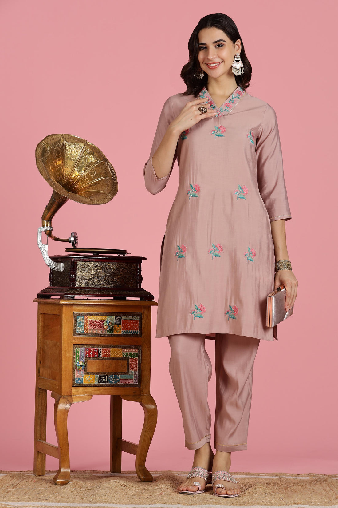 The Suitable Blush Pink Chanderi Silk Kurta Set for Women | Floral Kurta with Zari & Sequin Hand Embellished Neckline | Cotton Mul Lining | Straight Kurta Pant with Dupatta | Festive Ethnic Suit Set
