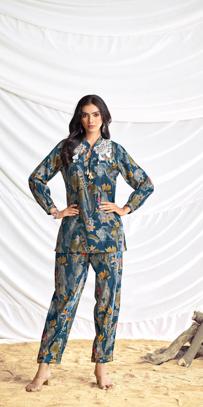 Nilisha Teal Chanderi Co-Ord Set