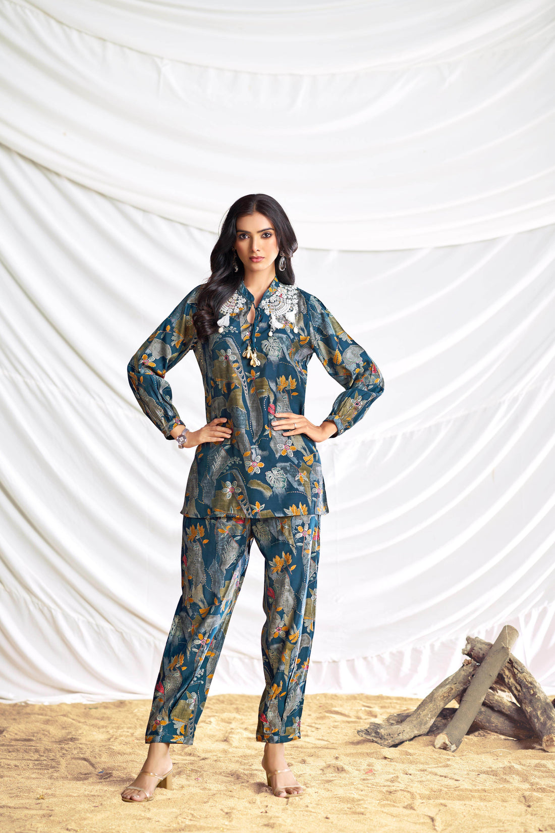 Nilisha Teal Chanderi Co-Ord Set - BulBul