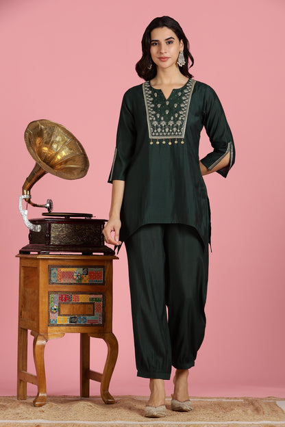 Dark Green Solid Chanderi Silk Kurta Set with Zari Thread Embroidered Yoke and Coin Embellishment Detailing