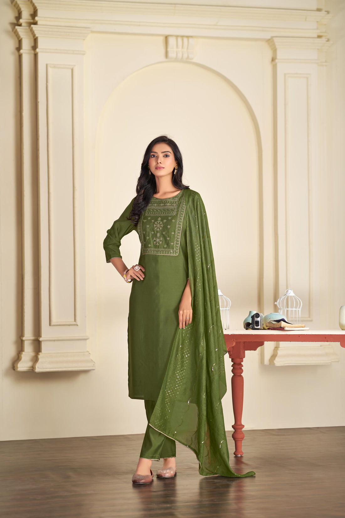 Aadvi Green Handcrafted Sequin & Thread Embroidered Yoke Design Salwar Suit with Sequin Dupatta in Chanderi Silk with Cotton Mul Lining