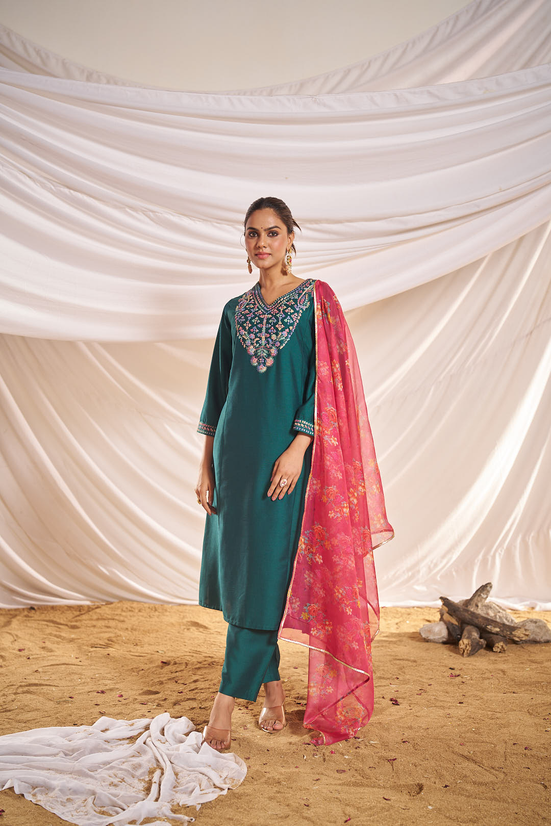 Kayra Green Multicolor Hand Embroidered Straight Fit Suit Set in Chinnon Silk with Pure Cotton Mul Lining