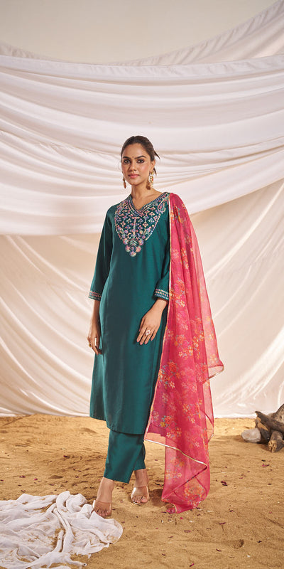 BulBul Women Kayra Green Embroidered Premium Silk Straight Suit Set With Dupatta