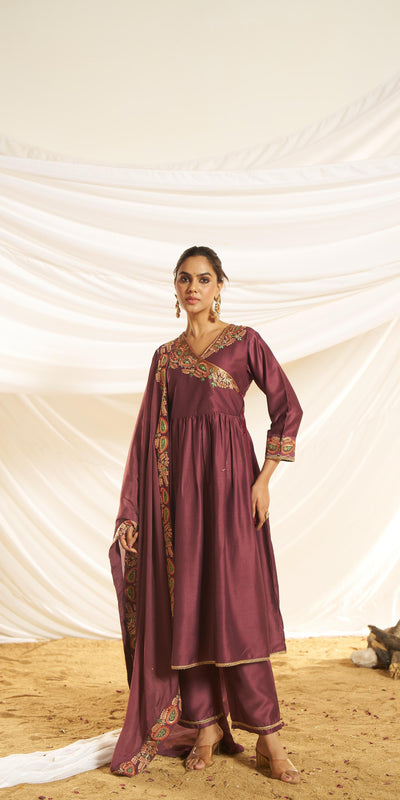 BulBul Women Wine Embroidered Premium Silk Angrakha Pattern Flare Suit With Dupatta