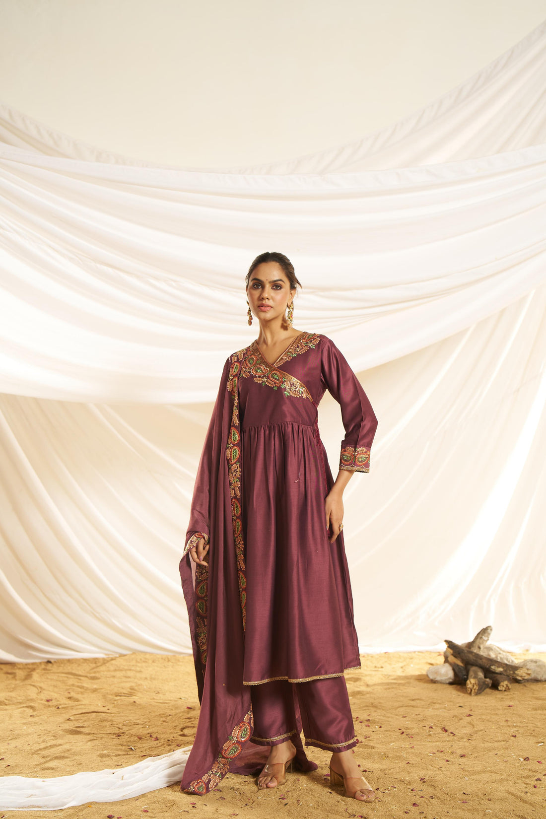 Kayra Wine Paisley Hand-Embroidered & Coin Sequin Work Angrakha Suit Set in Chinnon Silk with Cotton Mul Lining
