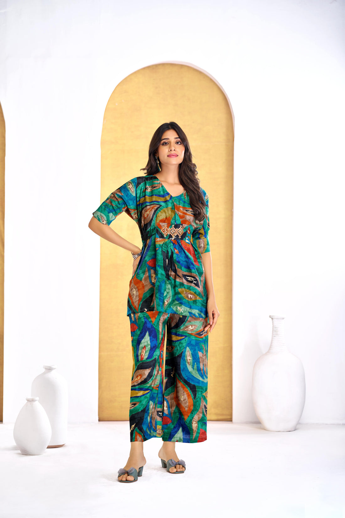 Kalki Green Modal Chanderi Co-Ord Set with Hand Embellished Mirror and Bugle Bead Detailing