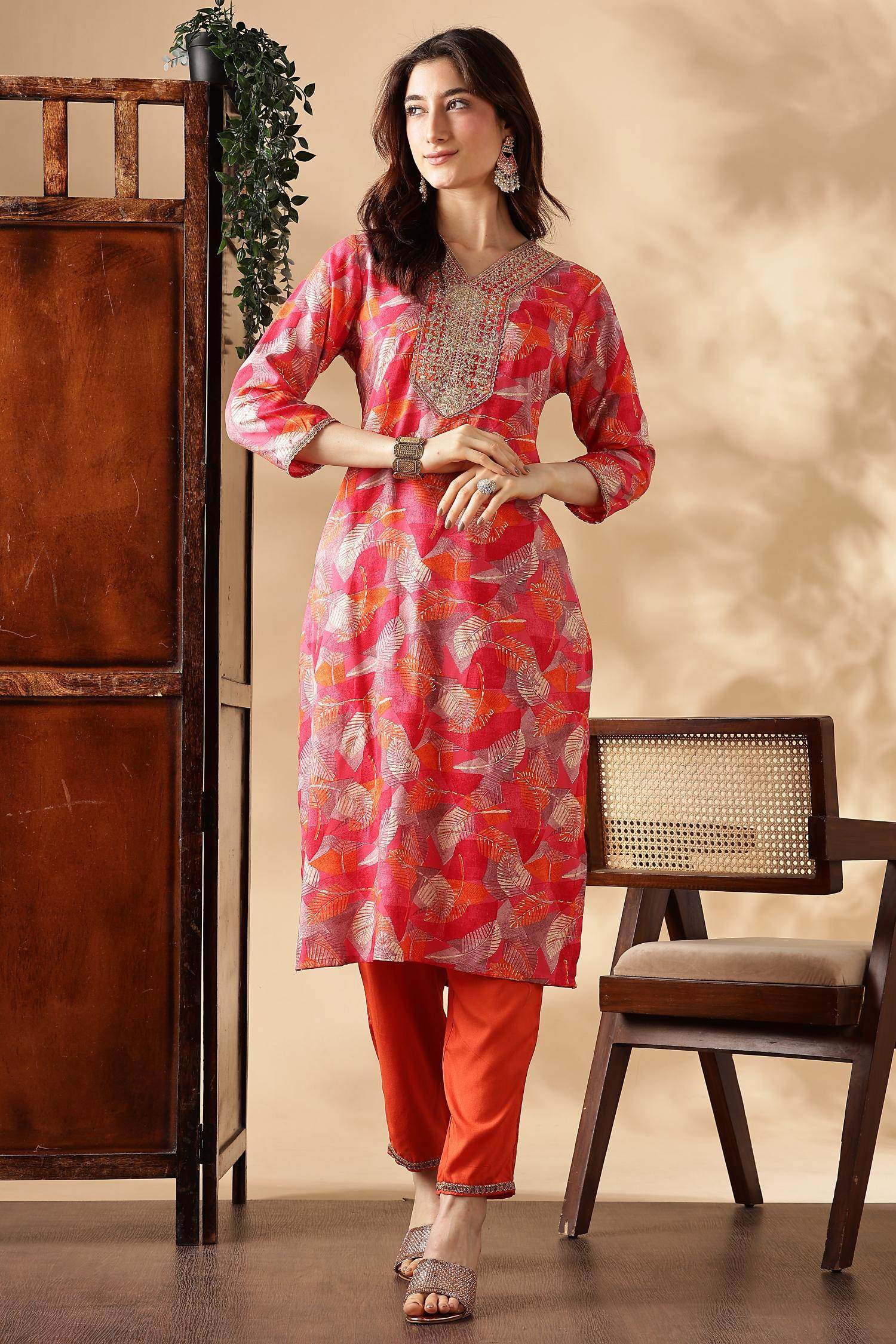 Darshita Fuschia Rayon Kurta Set with Dupatta - BulBul