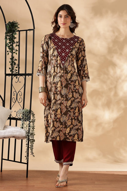 Areba Wine & Teal Printed Salwar Suit with Intricate Zari Lattice Hand Embroidery Neck Panel in Viscose