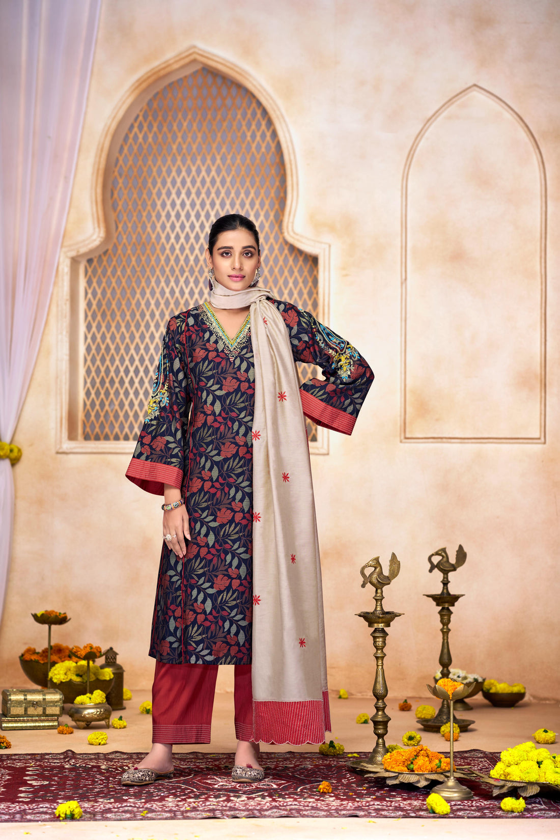 Rashmi Navy Multi-Color Hand Embroidered & Hand Embellished Suit Set with Zari, Dabka, Bead and Sequins Work in Chanderi Silk with Pure Cotton Mul Lining