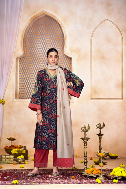 Rashmi Navy Multi-Color Hand Embroidered & Hand Embellished Suit Set with Zari, Dabka, Bead and Sequins Work in Chanderi Silk with Pure Cotton Mul Lining