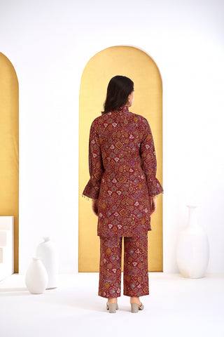 Pratiksha Red Printed Modal Chanderi Co-Ord Set with Hand Embellished Mirror Placket and Pearl Drop Latkan Detailing