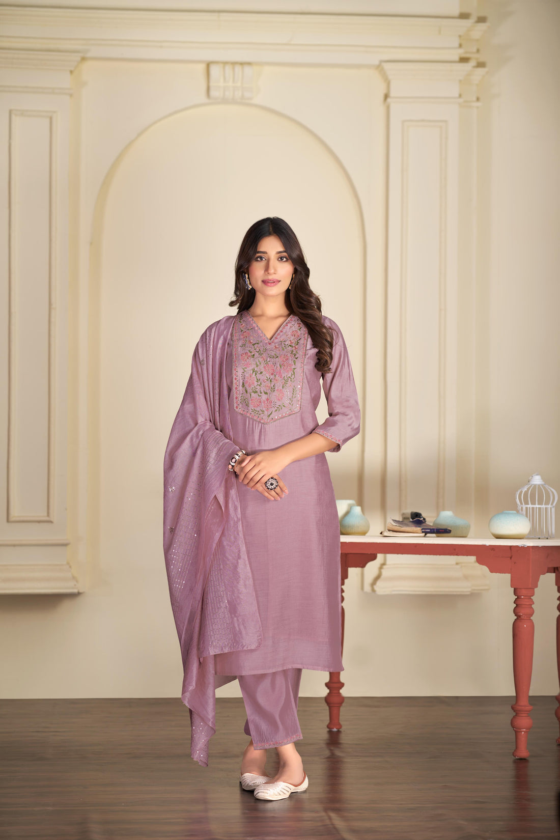 Preksha Mauve Multi-Color Floral Embroidered Kurta Set with Hand Sequin Work & Sequin Dupatta in Chanderi Silk with Cotton Mul Lining