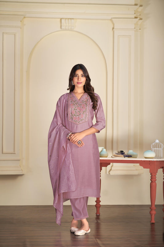 BulBul Preksha Mauve Embroidered Roman Silk  Salwar Suit