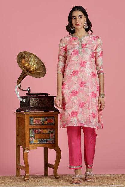 Blush Pink Floral Kota Doriya Kurta Set with Zari & Sequin Hand Embellished Neckline and Cotton Mul Lining